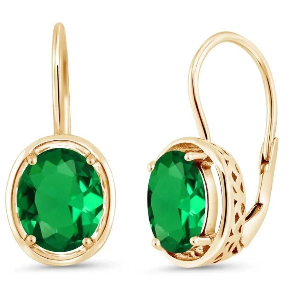 18K Yellow Gold 925 with 3.00 Cttw Emerald Oval Leverback Drop Earrings